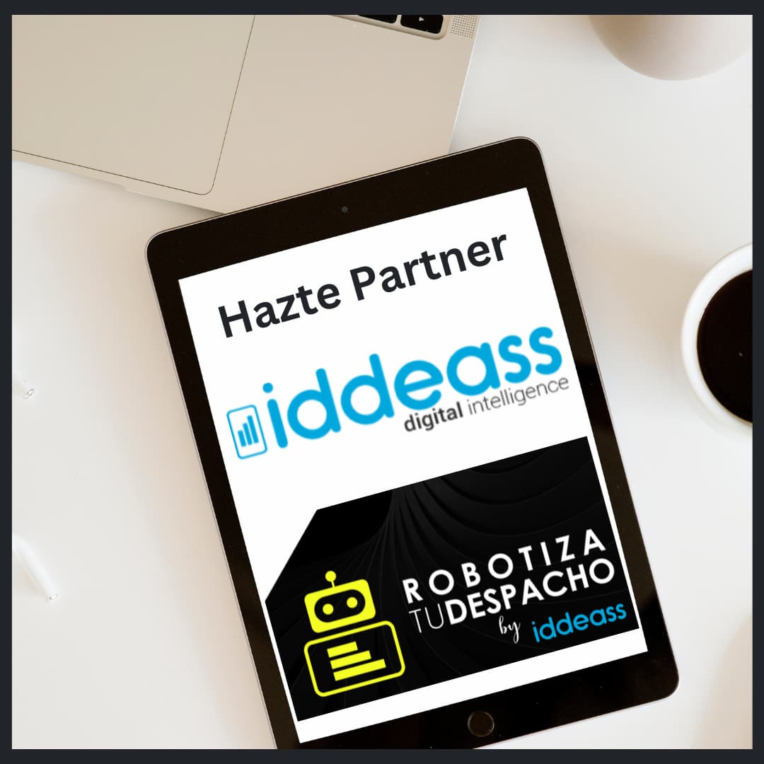 Mock up "hazte partner" con los logos de Iddeass y Robotiza tu despacho